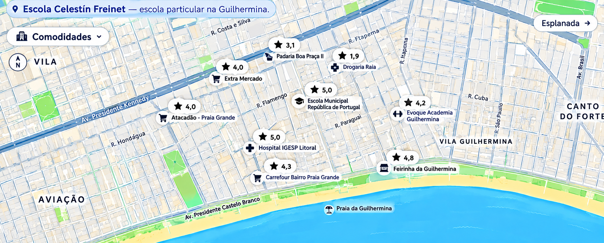 Mapa da Guilhermina com mercados, farmácia, escolas, hospital, academia, feira e praia próximos
